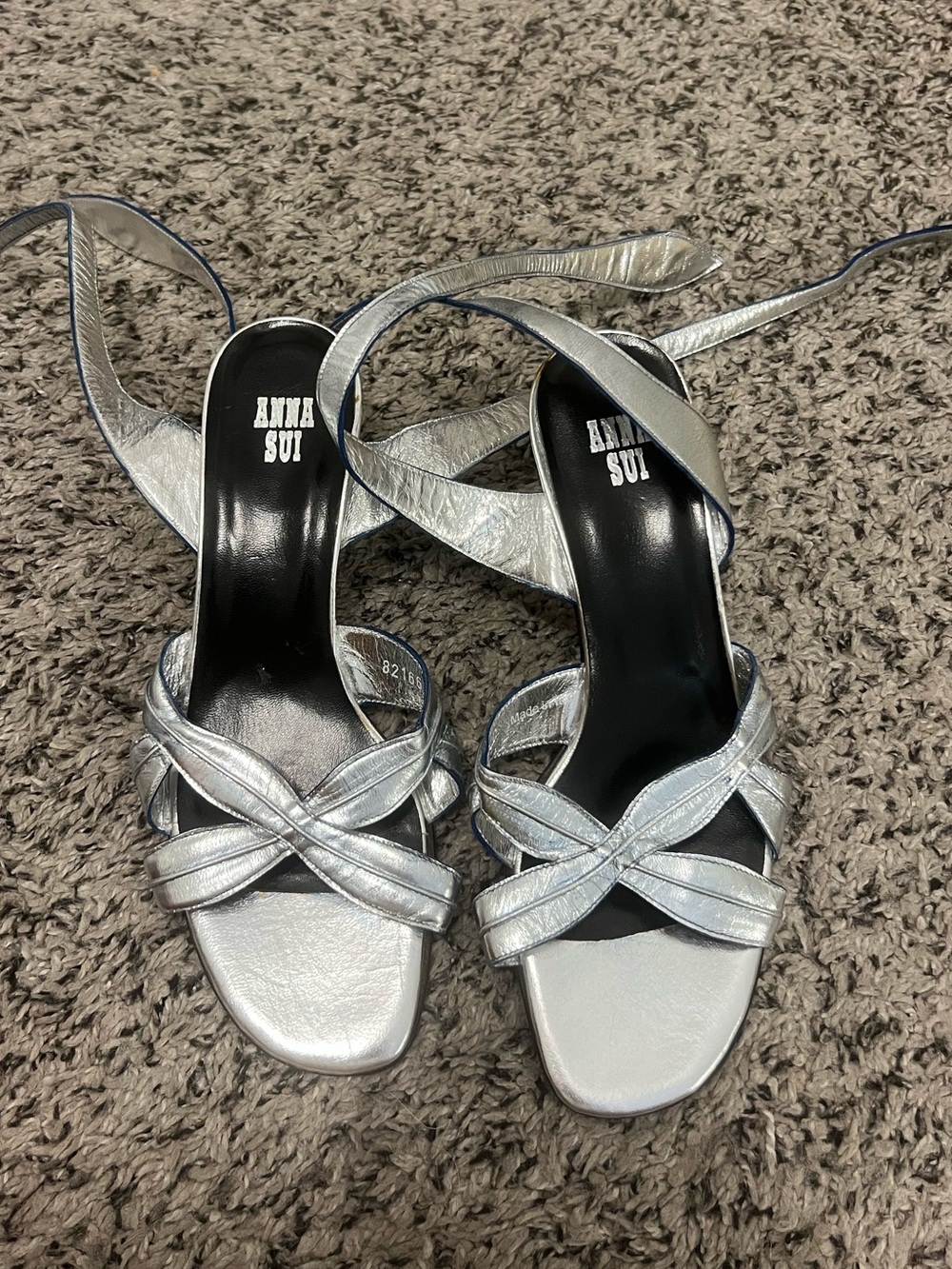 Anna Sui Metallic Silver Crisscross Ankle Wrap Heels